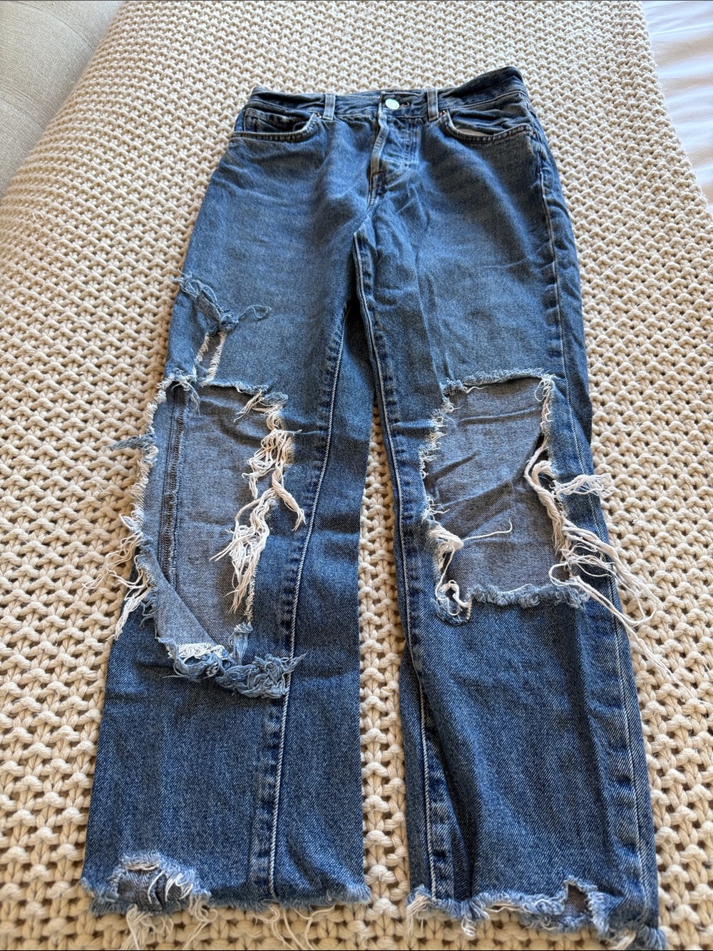 Forever 21 Dark Blue Distressed Wide-Leg Jeans